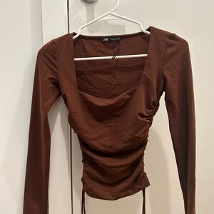 Zara Chocolate Brown Ruched Long Sleeve Fitted Top